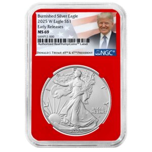 2025-W Burnished $1 American Silver Eagle NGC MS69 ER Trump Label Red Core