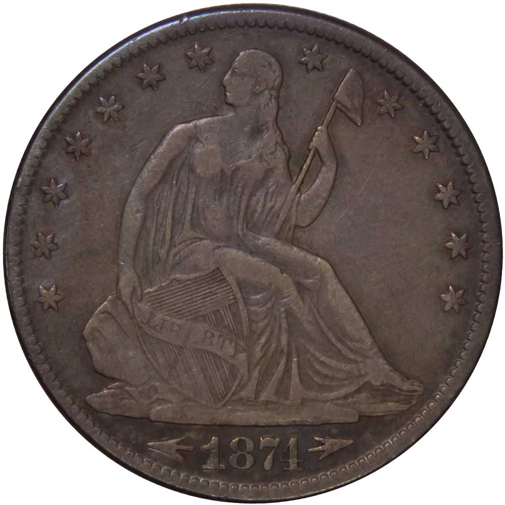 1874 Seated Liberty Half Dollar 90% Silver Coin - Pinehurst Coins