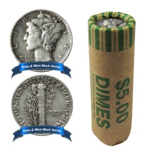 Roll of 50 - $5 Face Value Full Dates 90% Silver Mercury Dimes