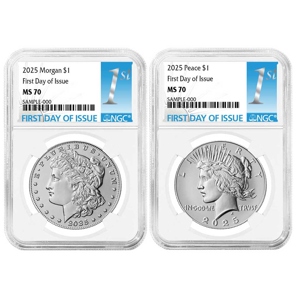 LES 100 PLUS GRANDS 銀メダルセット 2025 $1 Morgan and Peace Silver Dollar 2pc Set NGC MS70 FDI First