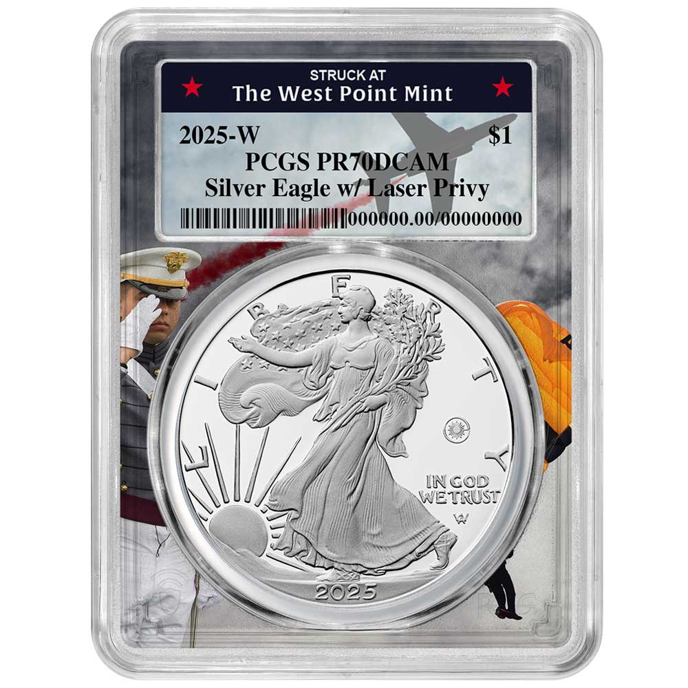 2025-W Proof $1 American Silver Eagle Laser Beam Privy PCGS PR70DCAM West Point Frame