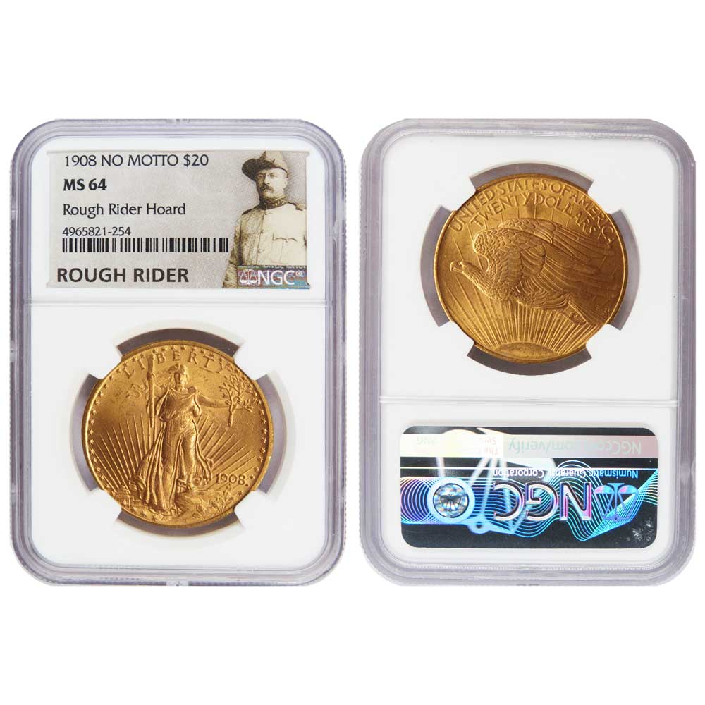 1908 No Motto $20 Saint Gaudens Gold NGC MS64 Rough Rider Hoard