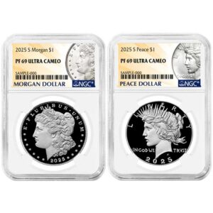 2025-S Proof $1 Morgan and Peace Silver Dollar 2pc Set NGC PF69UC Morgan & Peace Label