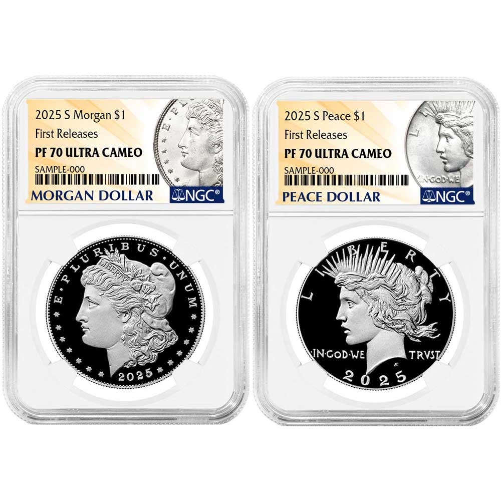2025-S Proof $1 Morgan and Peace Silver Dollar 2pc Set NGC PF70UC FR Morgan & Peace Label