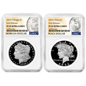 2025-S Proof $1 Morgan and Peace Silver Dollar 2pc Set NGC PF69UC ER Morgan & Peace Label