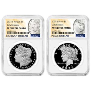 2025-S Proof $1 Morgan and Peace Silver Dollar 2pc Set NGC PF70UC ER Morgan & Peace Label