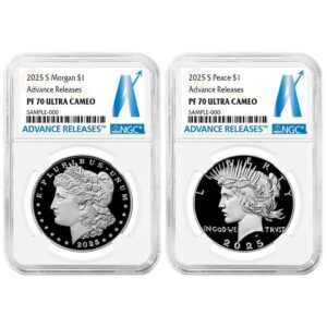 2025-S Proof $1 Morgan and Peace Silver Dollar 2pc Set NGC PF70UC AR Advance Releases Label