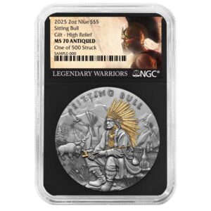 2025 Sitting Bull 2 oz High Relief Silver Antiqued & Gold Gilded NGC MS70 Legendary Warriors Label Retro Core