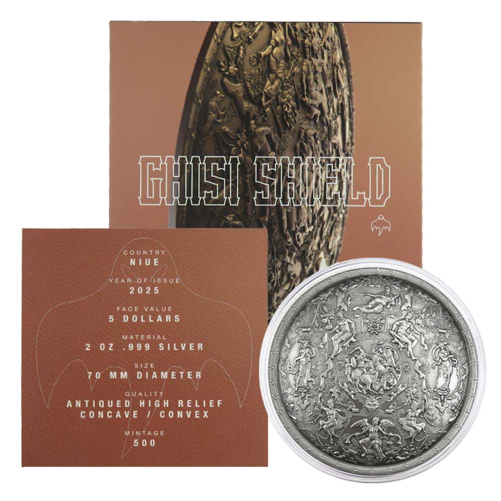 2025 Ghisi Shield 2 oz .999 Pure Antiqued Silver Mintage of 500 By Spectres  - Pinehurst Coins