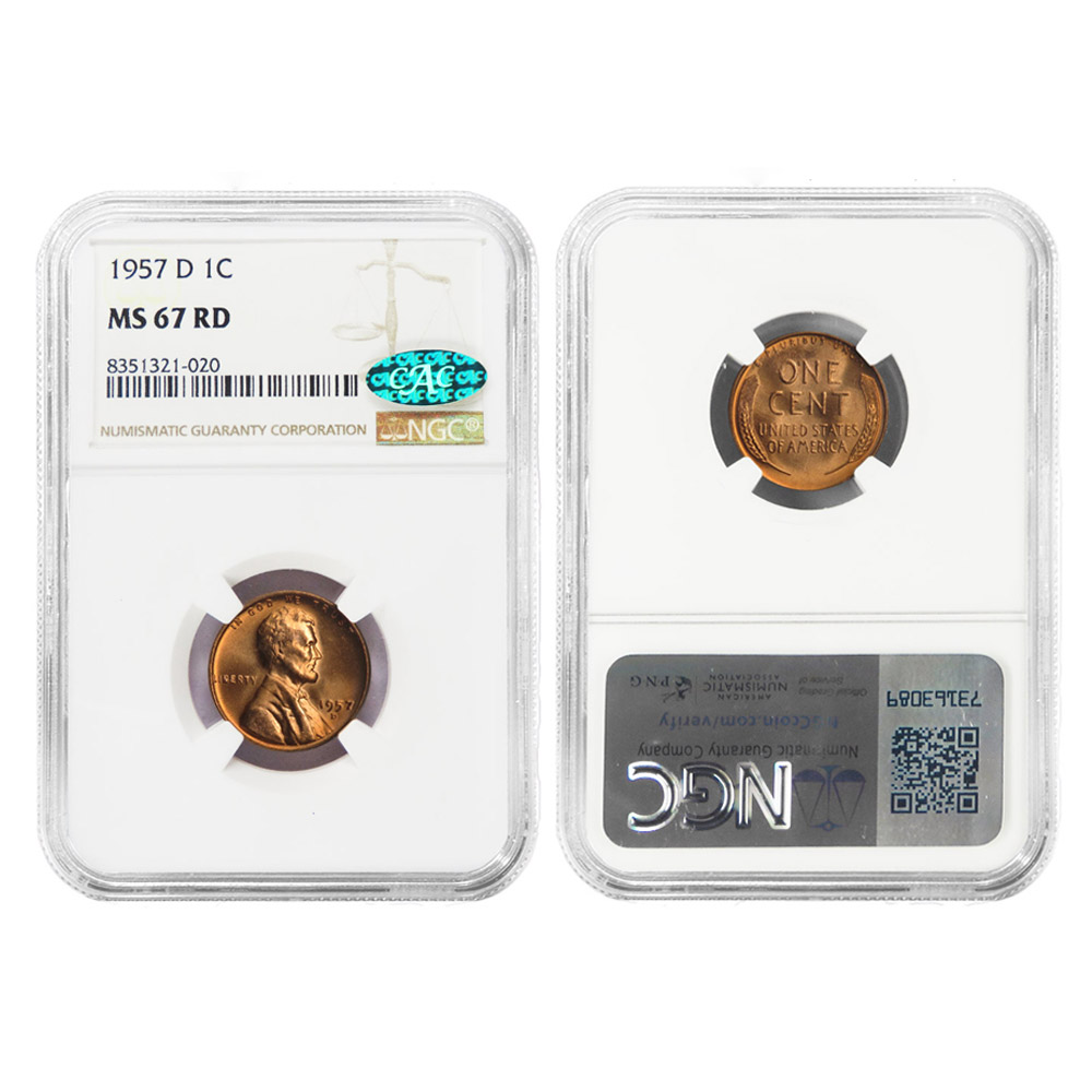 1957-D Lincoln Wheat Cent NGC MS67 CAC - Pinehurst Coins