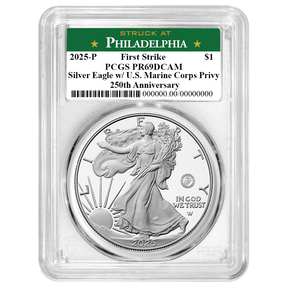 2025-P Proof $1 American Silver Eagle Marine Corps Privy PCGS PR69DCAM FS Philadelphia Label 250th Anniversary