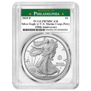 2025-P Proof $1 American Silver Eagle Marine Corps Privy PCGS PR70DCAM Philadelphia Label 250th Anniversary