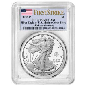 2025-P Proof $1 American Silver Eagle Marine Corps Privy PCGS PR69DCAM FS Flag Label 250th Anniversary