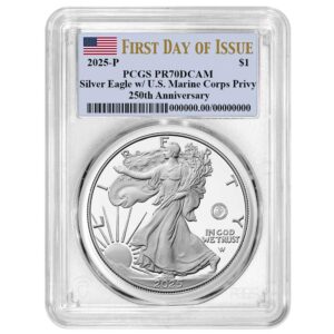 2025-P Proof $1 American Silver Eagle Marine Corps Privy PCGS PR70DCAM FDOI Flag Label 250th Anniversary