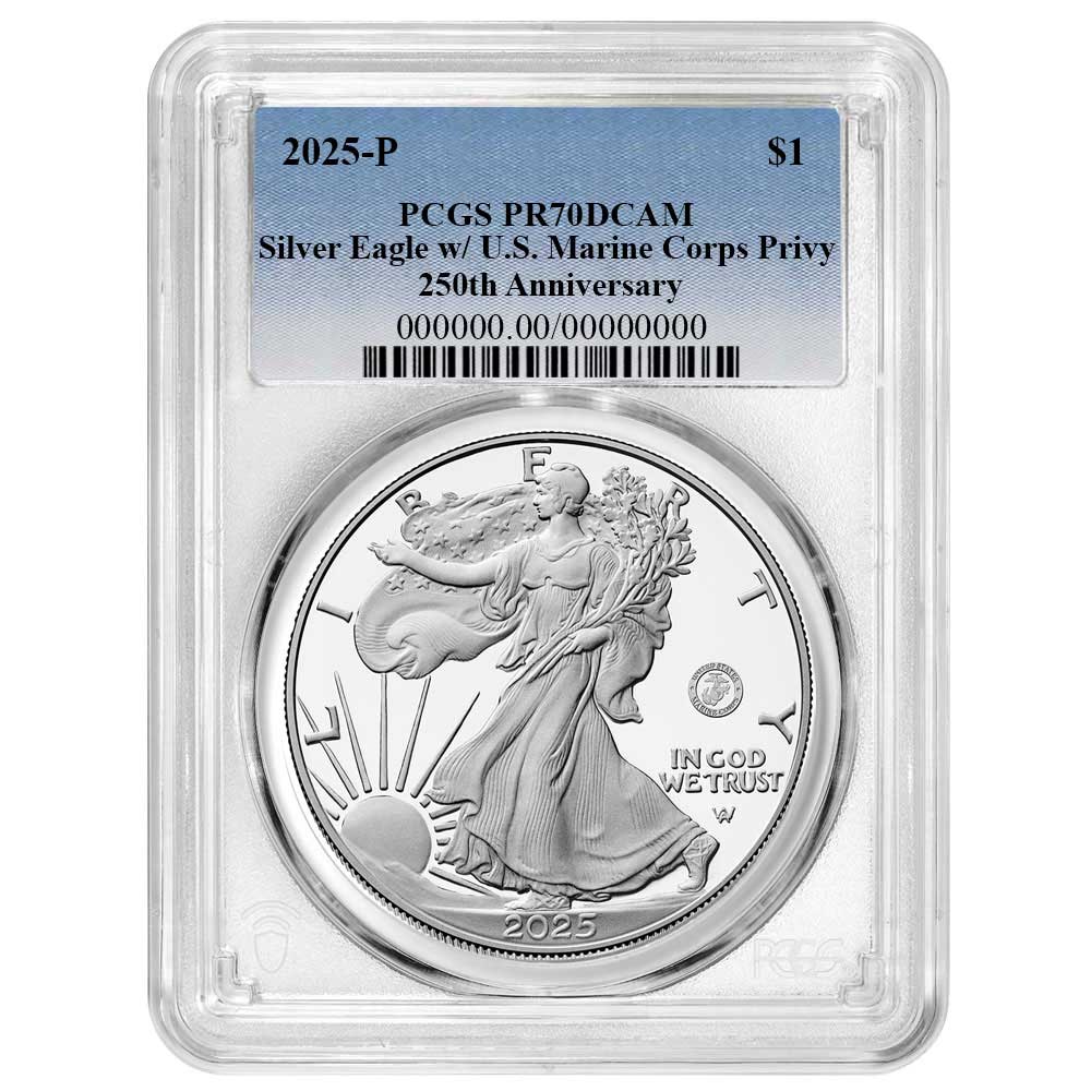 2025-P Proof $1 American Silver Eagle Marine Corps Privy PCGS PR70DCAM Blue Label 250th Anniversary