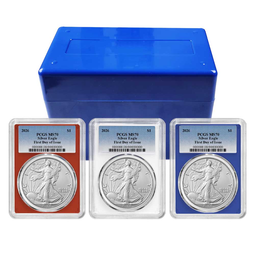 2026 $1 American Silver Eagle 3pc Set PCGS MS70 FDOI Blue Label Red White Blue