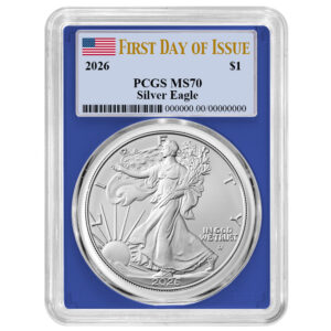 2026 $1 American Silver Eagle PCGS MS70 FDOI Flag Label Blue Frame