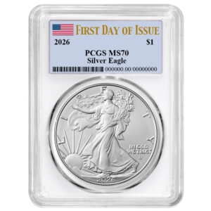 2026 $1 American Silver Eagle PCGS MS70 FDOI Flag Label White Frame