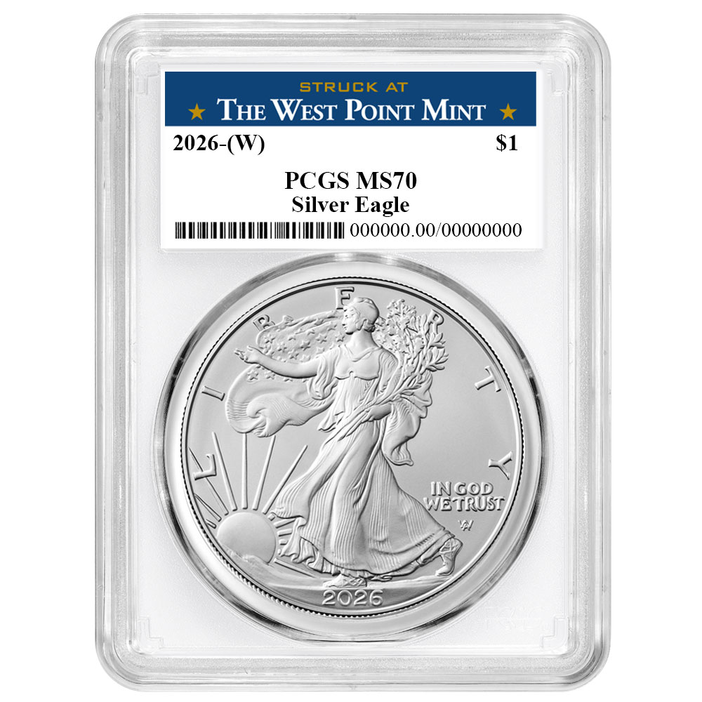 2026 (W) $1 American Silver Eagle PCGS MS70 West Point Label White Frame