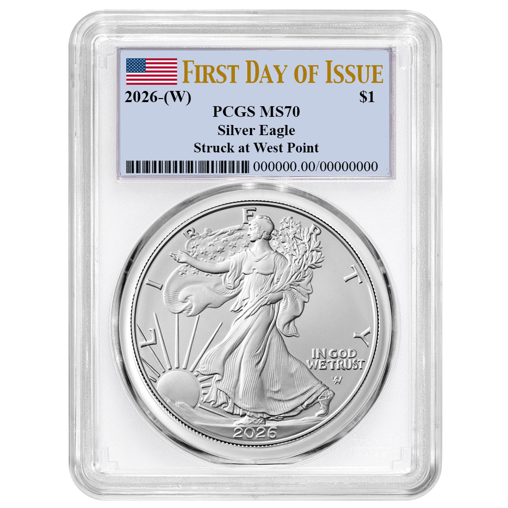2026 (W) $1 American Silver Eagle PCGS MS70 FDOI Flag Label White Frame