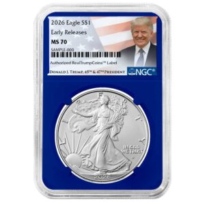 2026 $1 American Silver Eagle NGC MS70 ER Trump Label Blue Core