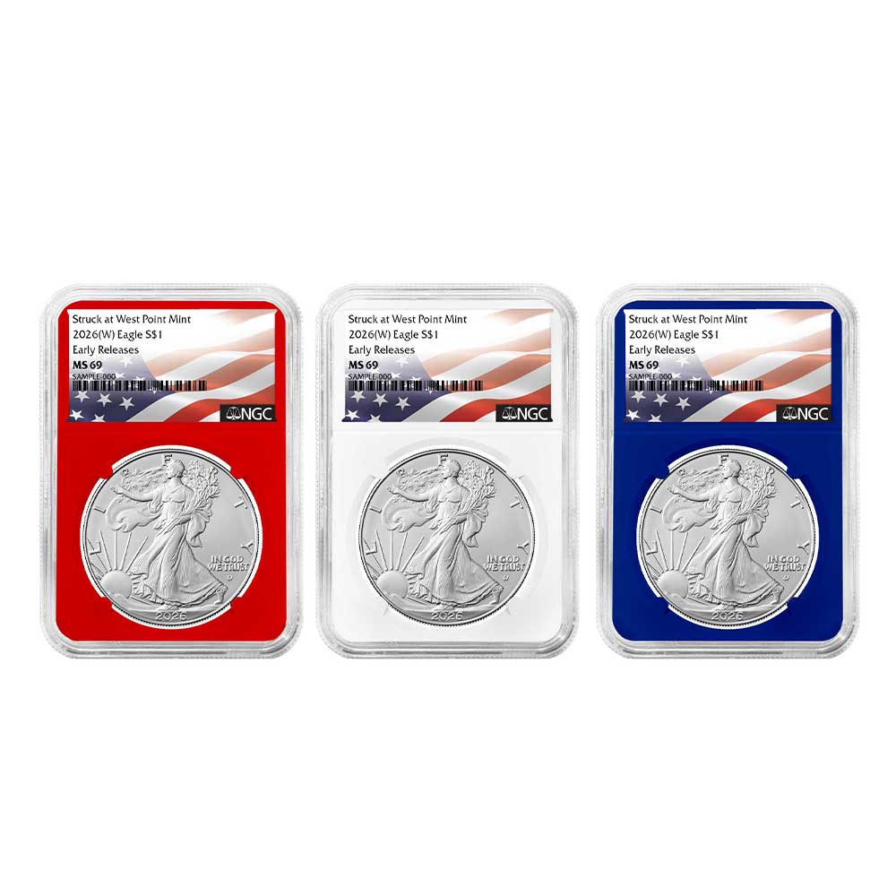 2026 (W) $1 American Silver Eagle 3pc Set NGC MS69 ER Flag Label Red White Blue