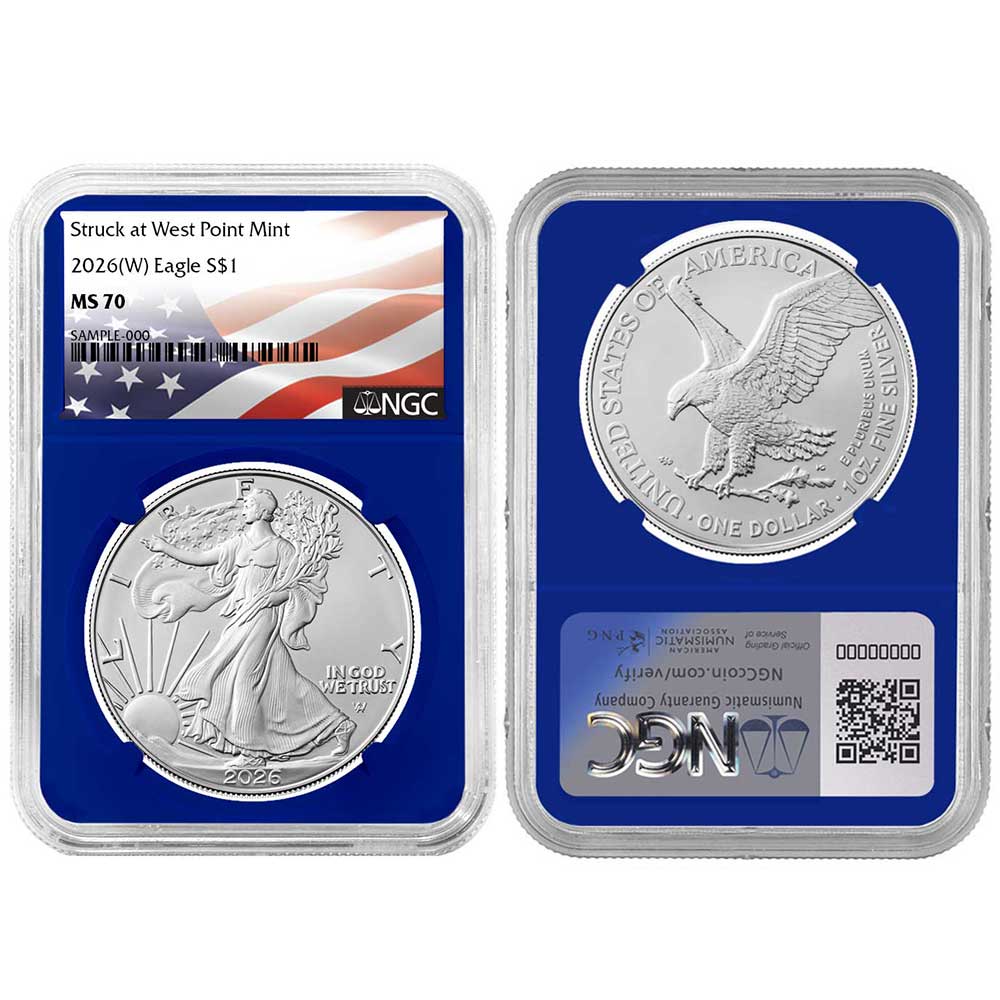 2026 (W) $1 American Silver Eagle NGC MS70 Flag Label Blue Core