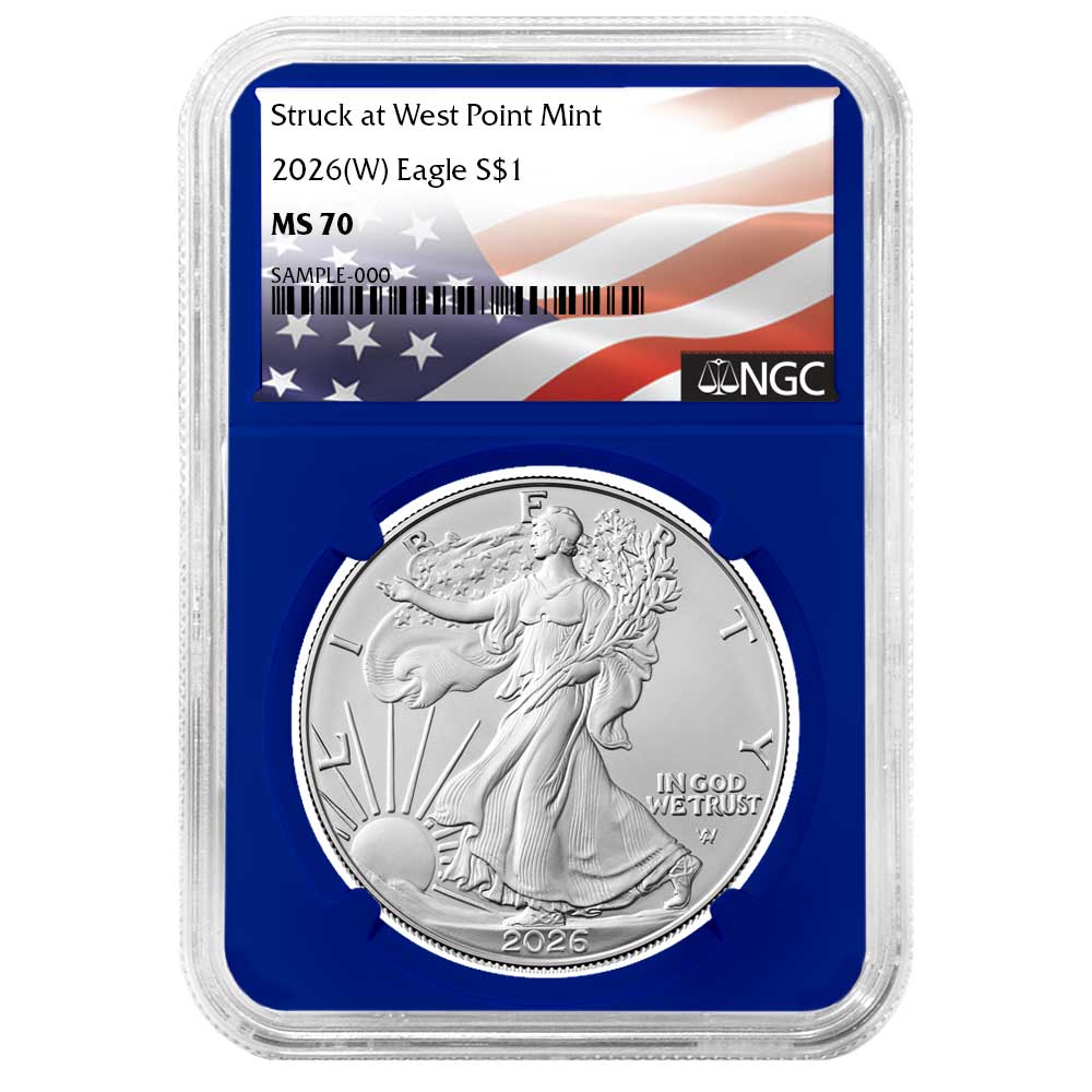 2026 (W) $1 American Silver Eagle NGC MS70 Flag Label Blue Core