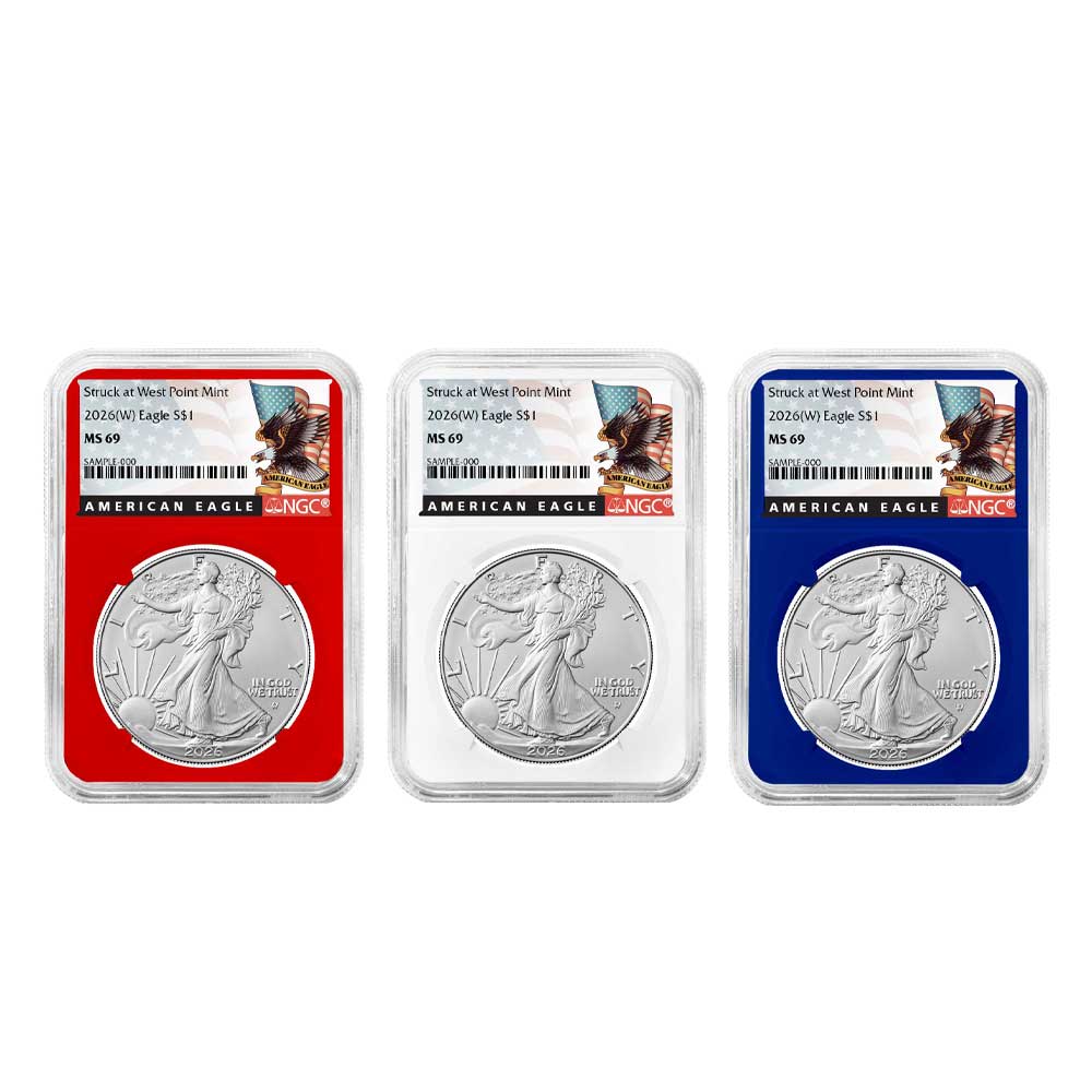 2026 (W) $1 American Silver Eagle 3pc Set NGC MS69 Black Label Red White Blue