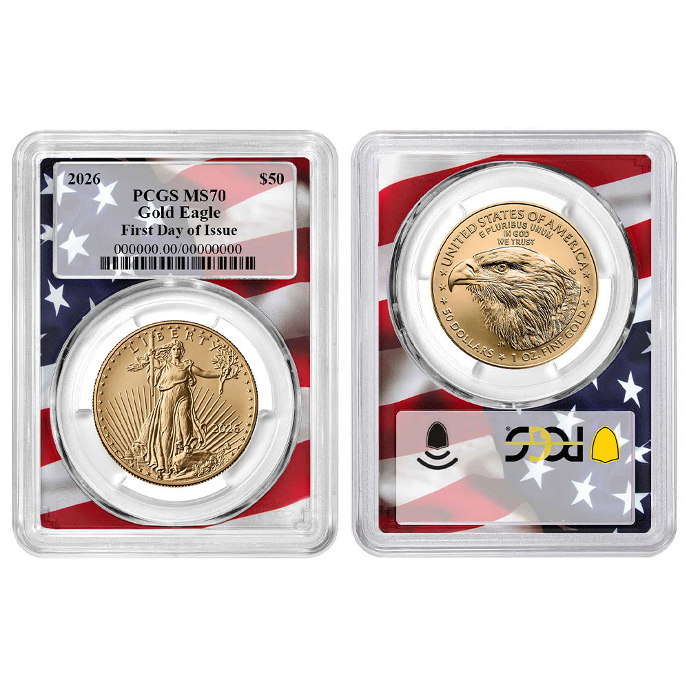 Presale - 2026 $50 American Gold Eagle 1 oz PCGS MS70 FDOI Flag Frame -  Pinehurst Coins