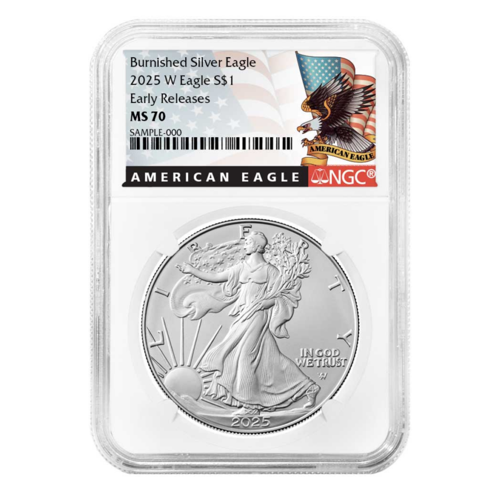 2025 W Burnished American Silver Eagle Coin in slab for coin storage.