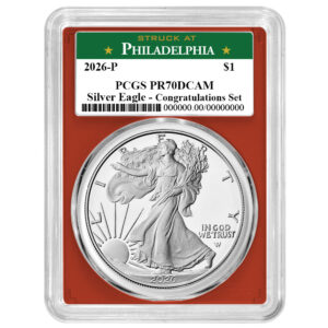 2026-P Proof $1 American Silver Eagle Congratulations Set PCGS PR70DCAM Philadelphia Label Red Frame