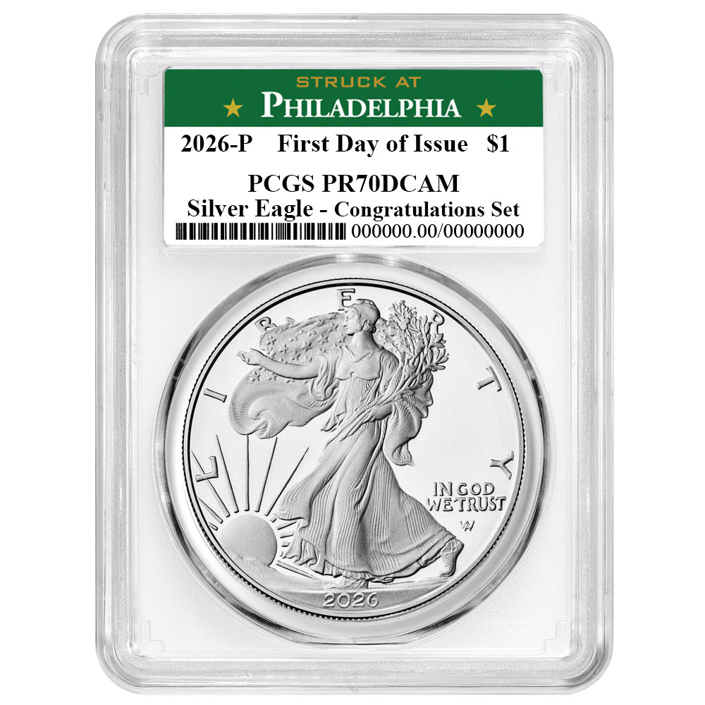 2026-P Proof $1 American Silver Eagle Congratulations Set PCGS PR70DCAM FDOI Philadelphia Label White Frame