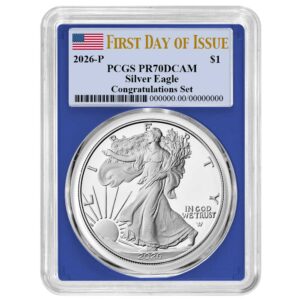 2026-P Proof $1 American Silver Eagle Congratulations Set PCGS PR70DCAM FDOI Flag Label Blue Frame