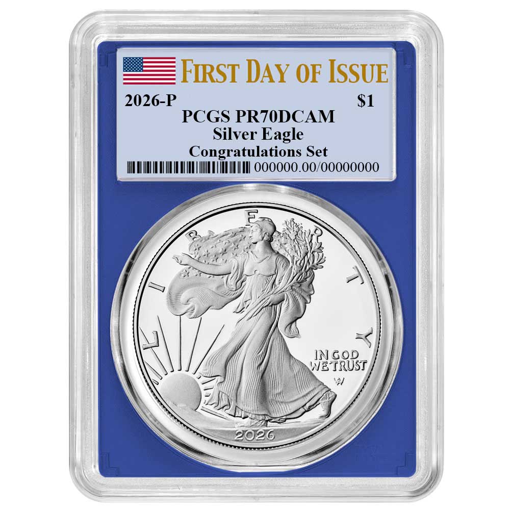 2026-P Proof $1 American Silver Eagle Congratulations Set PCGS PR70DCAM FDOI Flag Label Blue Frame