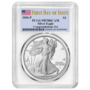 2026-P Proof $1 American Silver Eagle Congratulations Set PCGS PR70DCAM FDOI Flag Label White Frame