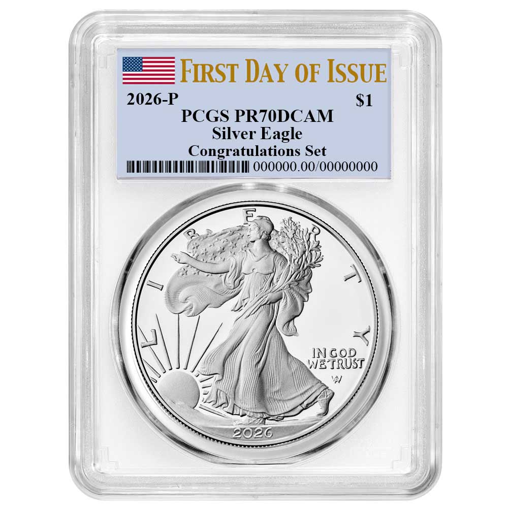 2026-P Proof $1 American Silver Eagle Congratulations Set PCGS PR70DCAM FDOI Flag Label White Frame