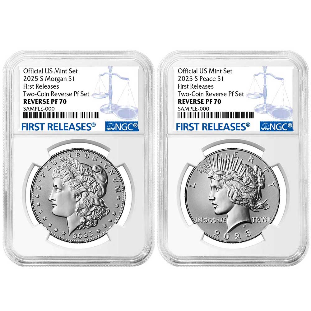 2025-S Reverse Proof $1 Morgan and Peace Silver Dollar 2pc Set NGC PF70 FR Blue Label