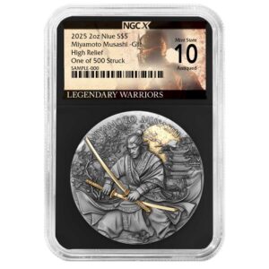 2025 Miyamoto Musashi 2 oz High Relief Silver Antiqued & Gold Gilded NGCX MS10 Legendary Warriors Label Retro Core