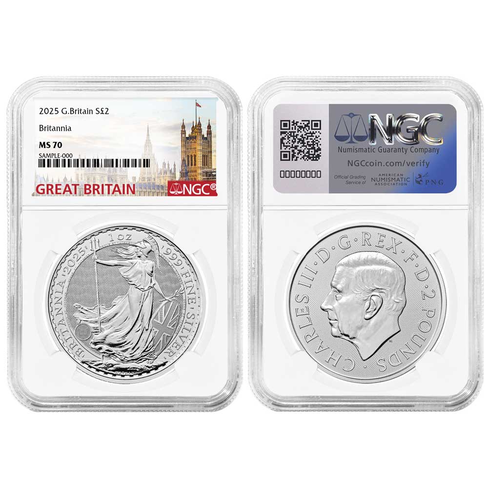2025 U.K. 2 Pound Silver Britannia .999 1 oz NGC MS70 Great Britain Label -  Pinehurst Coins