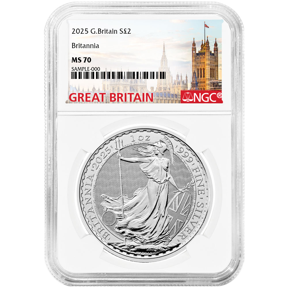 2025 U.K. 2 Pound Silver Britannia .999 1 oz NGC MS70 Great Britain Label -  Pinehurst Coins