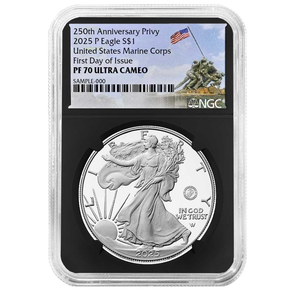 2025-P Proof $1 American Silver Eagle Marine Corps Privy NGC PF70UC FDI Marine Label Retro Core