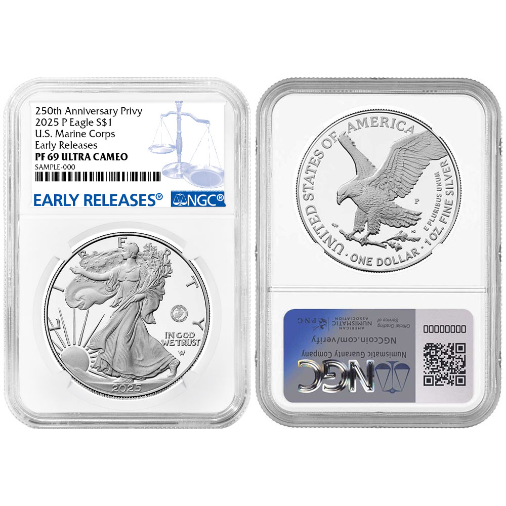 2025-P Proof $1 American Silver Eagle – Marine Corps Privy – NGC PF69UC ER Blue Label