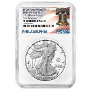 2025-P Proof $1 American Silver Eagle Marine Corps Privy NGC PF70UC FR Liberty Bell Label 250th Anniversary