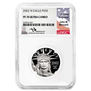 2002-W Proof $50 American Platinum Eagle 1/2 oz NGC PF70UC Mercanti Flag Label