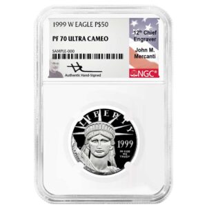 1999-W Proof $50 American Platinum Eagle 1/2 oz NGC PF70UC Mercanti Flag Label