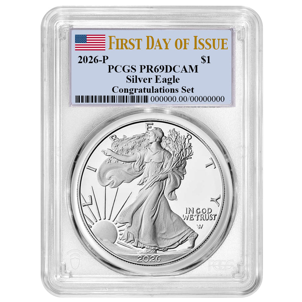 Presale – 2026-P Proof $1 American Silver Eagle Congratulations Set PCGS PR69DCAM FDOI Flag Label