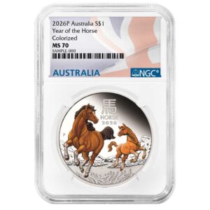 2026 $1 Australia Lunar Year of the Horse 1 oz Silver Colorized NGC MS70 Australian Flag Label