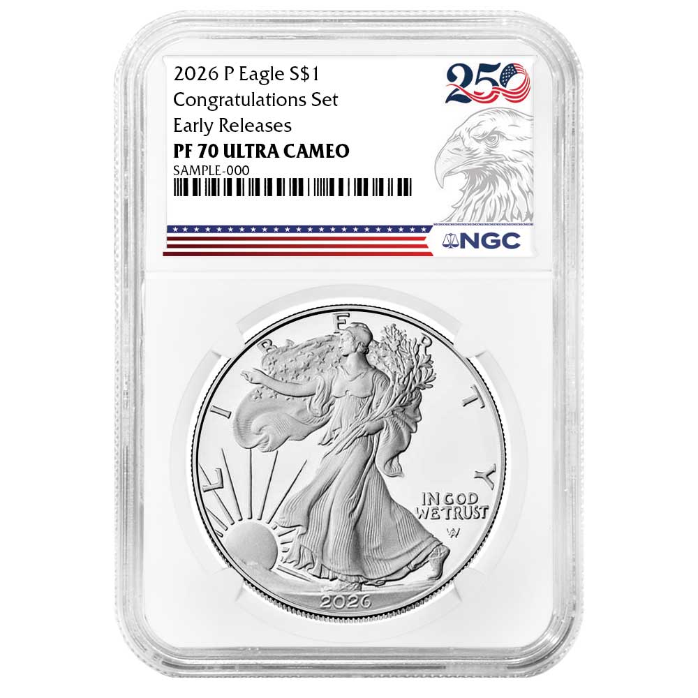 Presale – 2026-P Proof $1 American Silver Eagle Congratulations Set NGC PF70UC ER 250th Eagle Label