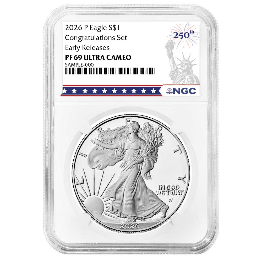 Presale – 2026-P Proof $1 American Silver Eagle Congratulations Set NGC PF69UC ER 250th Liberty Label